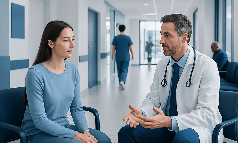 Septorhinoplasty: How It Works, Recovery, and What to Expect 4 Doctor consulting with a young female patient in a hospital corridor.