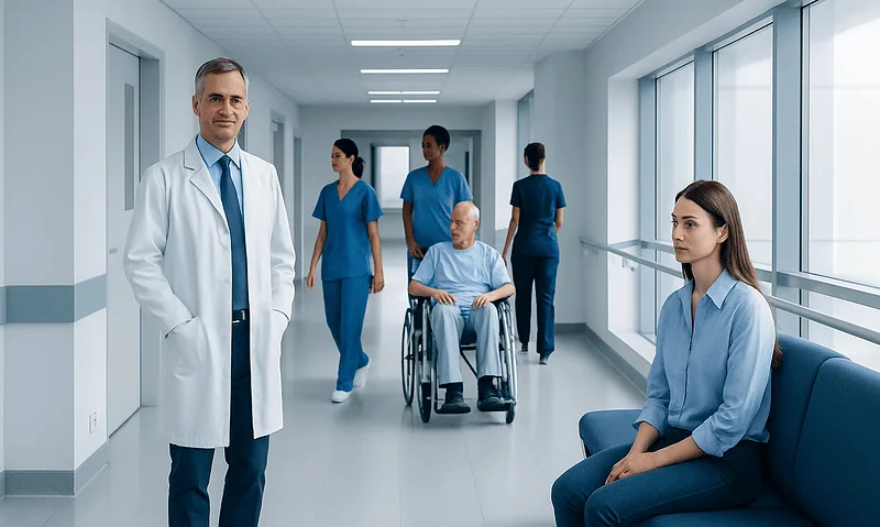 Medical team in hospital corridor with patient in wheelchair and waiting area.