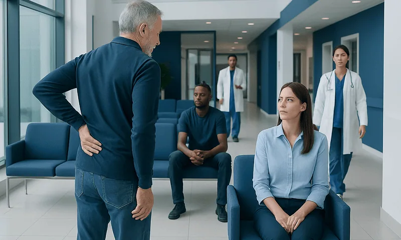 Doctor discussing with patients in hospital corridor.