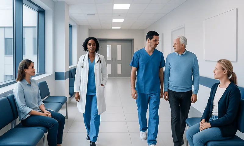 Medical team consulting in hospital corridor with patients.