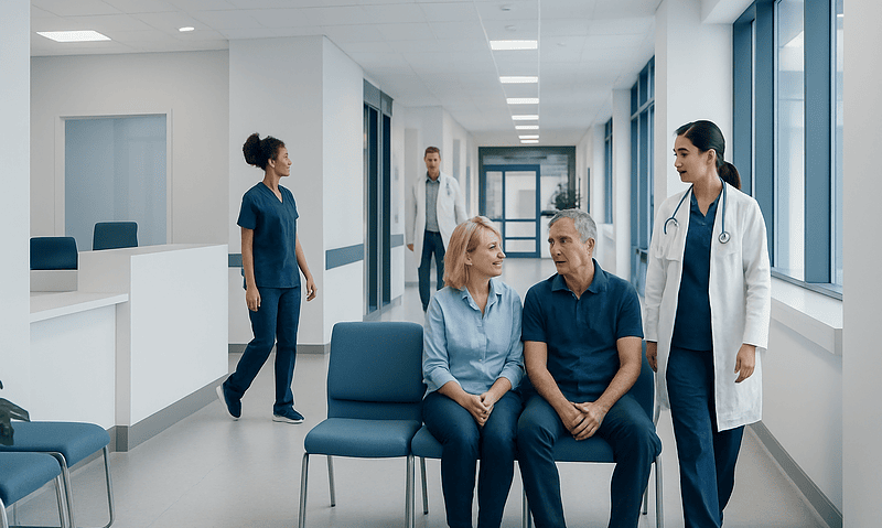 Medical consultation in a modern hospital corridor with healthcare professionals and patients.