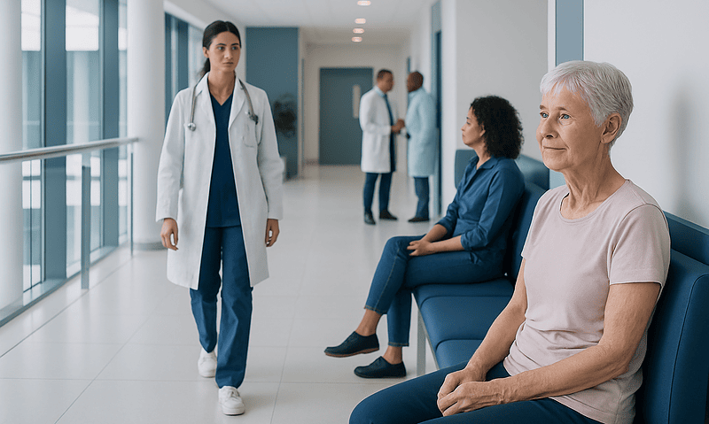 Medical staff and patients in a hospital corridor at Acibadem Hospitals Group.