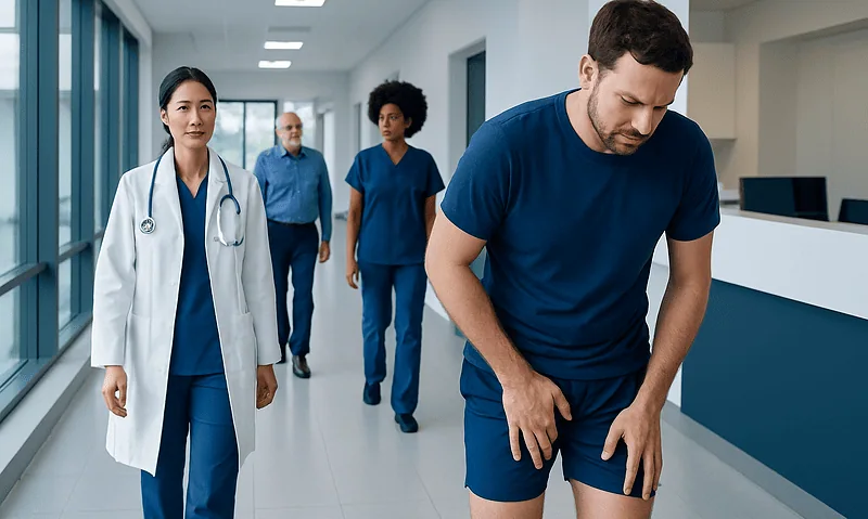 Man with inner thigh chafing in hospital corridor with medical staff.