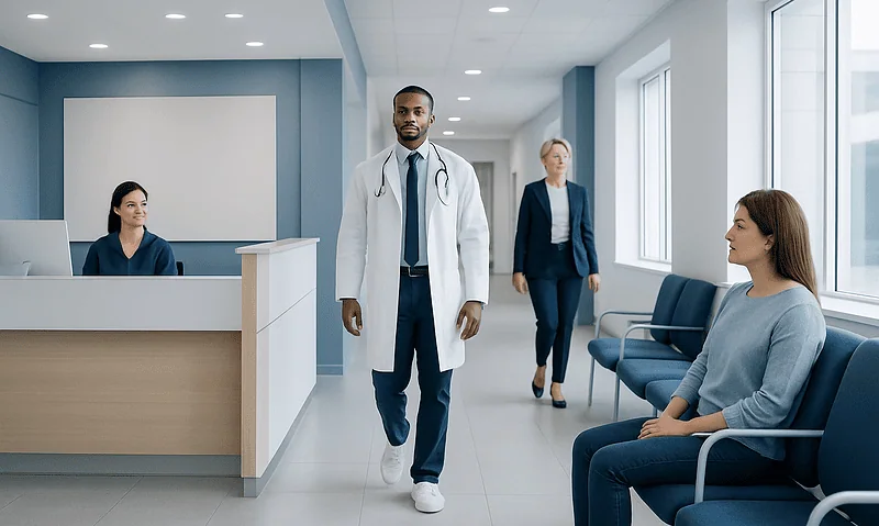 Medical professionals and patient in a modern hospital waiting area.