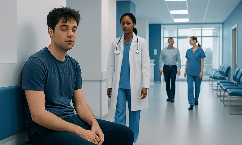 Young man experiencing sleep drunkenness in a hospital corridor.