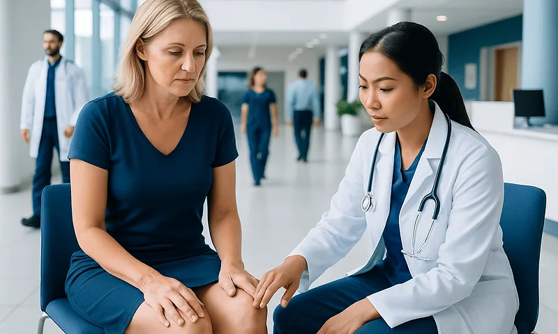 Doctor examining a patient's leg in a modern hospital setting.