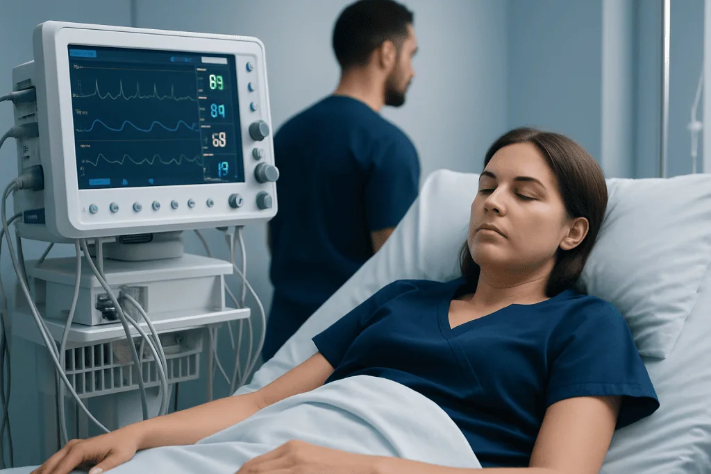 Patient in hospital bed with monitoring equipment in background.