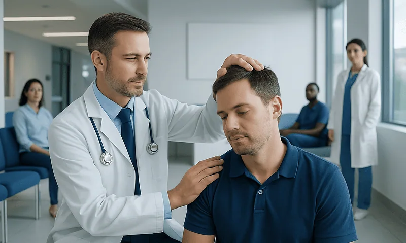 Doctor examining a patient's neck in a hospital setting.