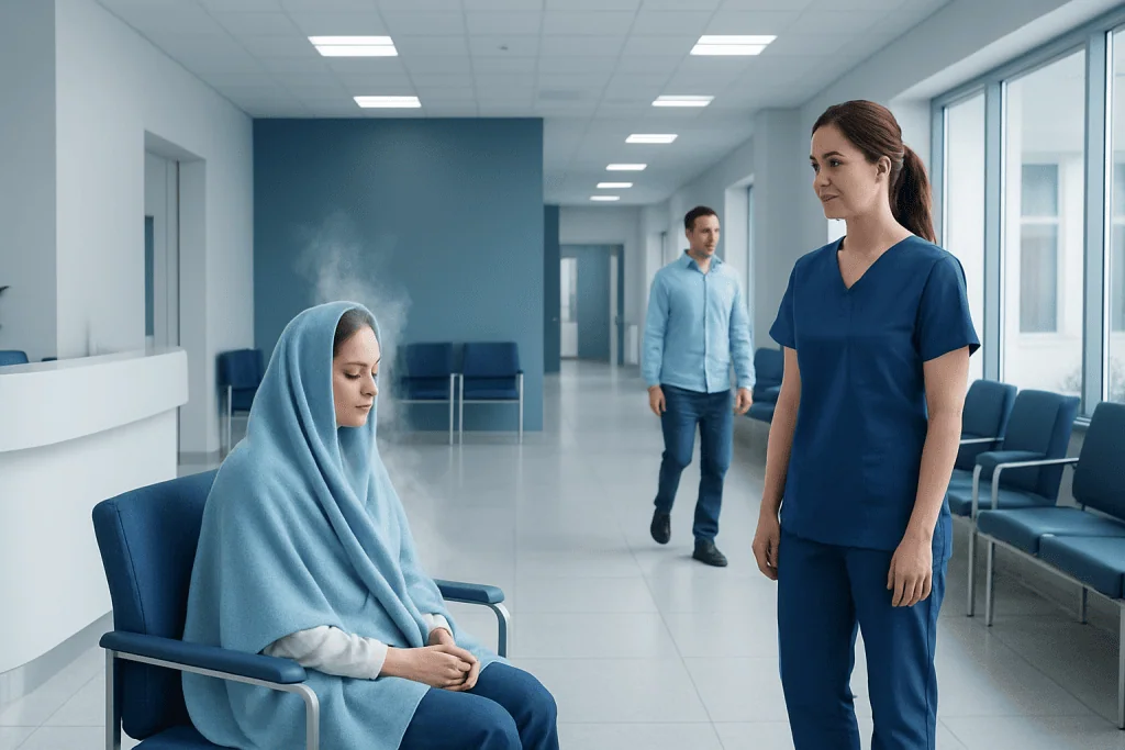 Steaming: An Evidence-Based Guide for Patients 1 Patient in hospital gown with head covered, talking to nurse in hospital corridor.