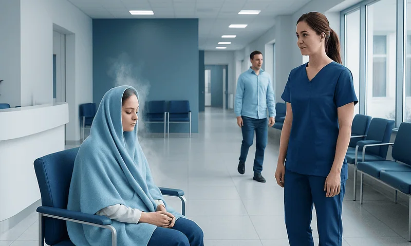 Patient in hospital gown with head covered, talking to nurse in hospital corridor.
