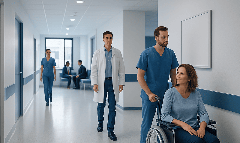 Medical team assisting a patient in a hospital corridor.
