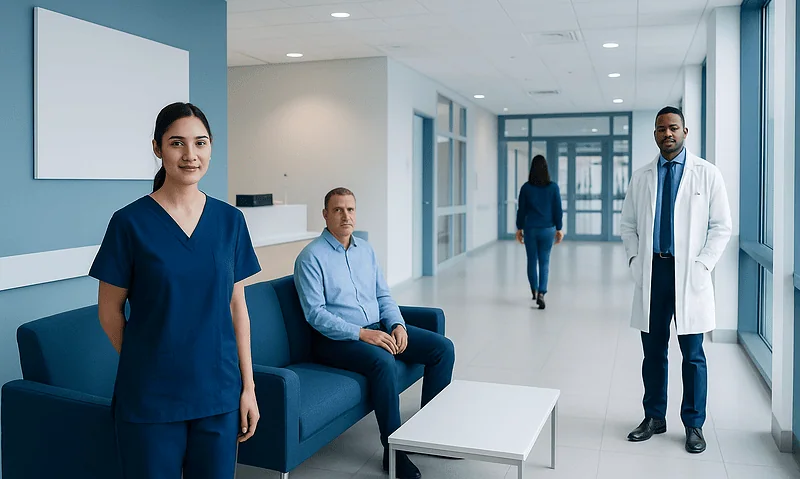 Healthcare professionals in a modern hospital corridor with seating area.