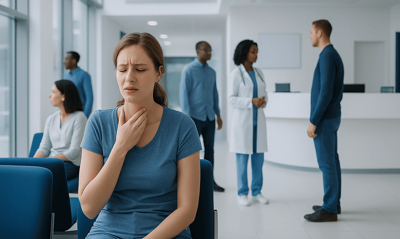 Young woman experiencing sore throat in hospital waiting area.