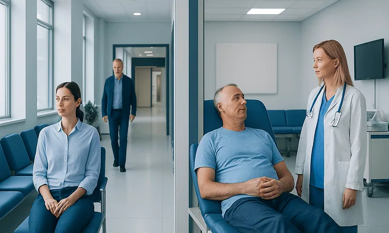 Patient consulting with doctor in hospital corridor during Svt Ablation procedure.