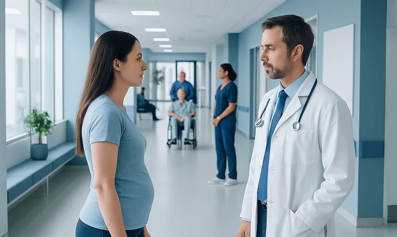 Swayback: An Evidence-Based Guide for Patients 6 Pregnant woman consulting with a doctor in hospital corridor.