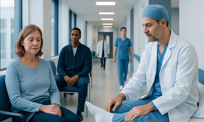 Doctor consulting with a patient in a hospital corridor.