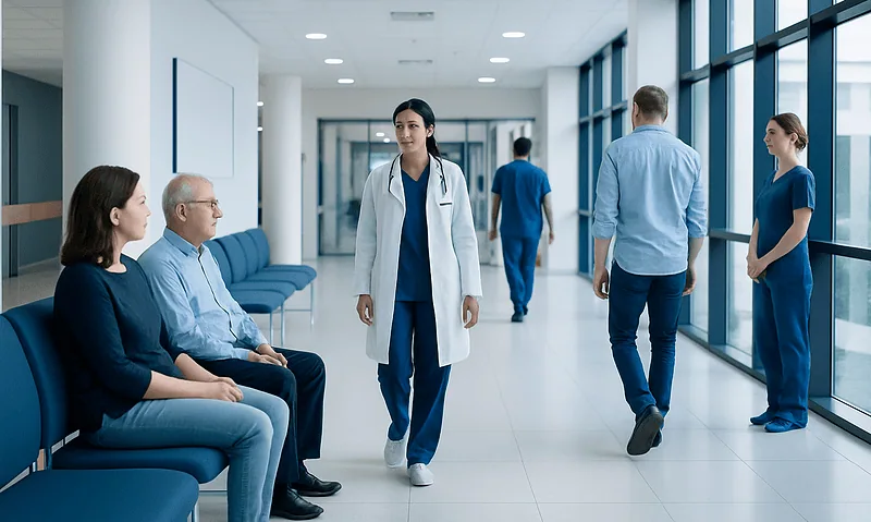 Healthcare professionals and patients in a modern hospital corridor.