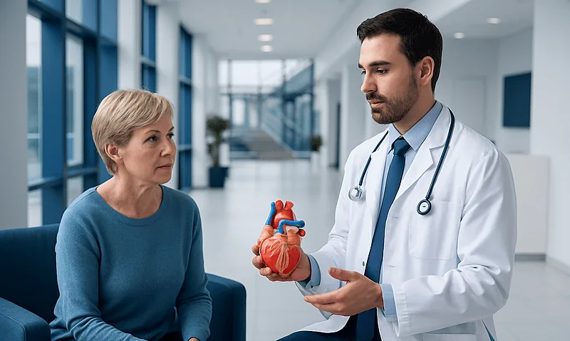 Cardiologist explaining heart anatomy to a patient in a hospital corridor.