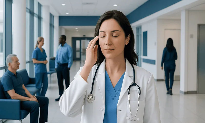Doctor experiencing stress in hospital corridor.