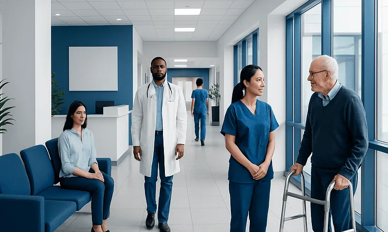 Healthcare professionals and patient in a modern hospital corridor.