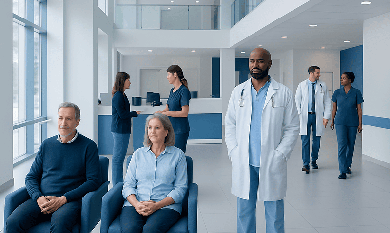 Medical team and patients in a modern hospital lobby.