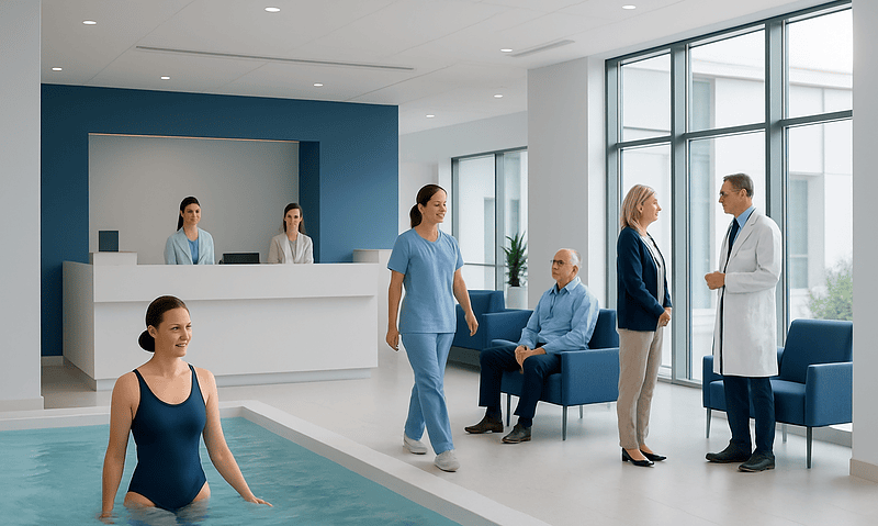 Patients and medical staff in a modern hospital pool area.