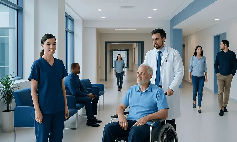Hospital staff and patient in a modern healthcare facility corridor.