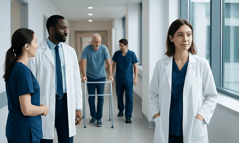 Medical team and patient in hospital corridor at Acibadem Hospitals Group.