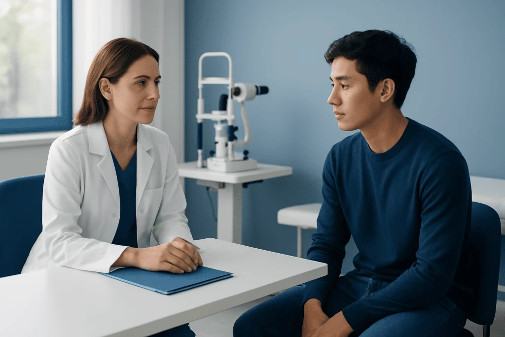 Optometrist consulting with a patient about eye health in a clinic setting.