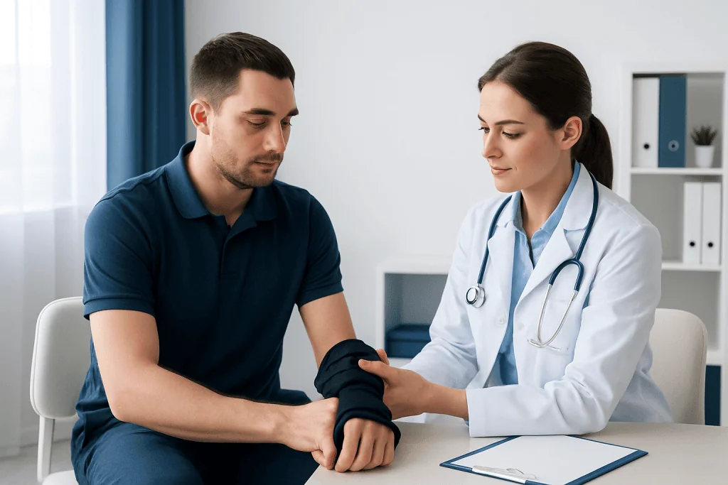 Doctor examining patient's wrist with a brace in a clinical setting.