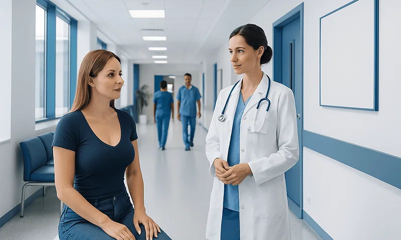 Doctor consulting a patient in a hospital corridor at Acibadem Hospitals Group.