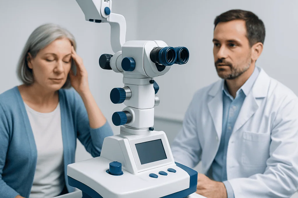 Doctor examining a patient with a microscope in a medical clinic.