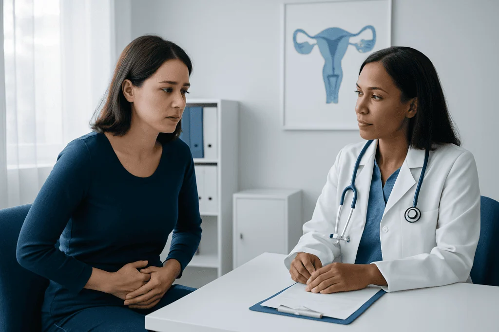 Doctor consulting with patient about endometriosis symptoms in clinic.