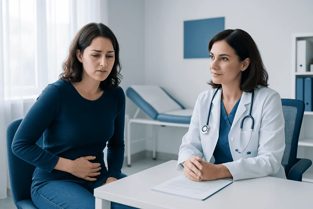 Doctor consulting with a patient about endometriosis symptoms in a clinic setting.