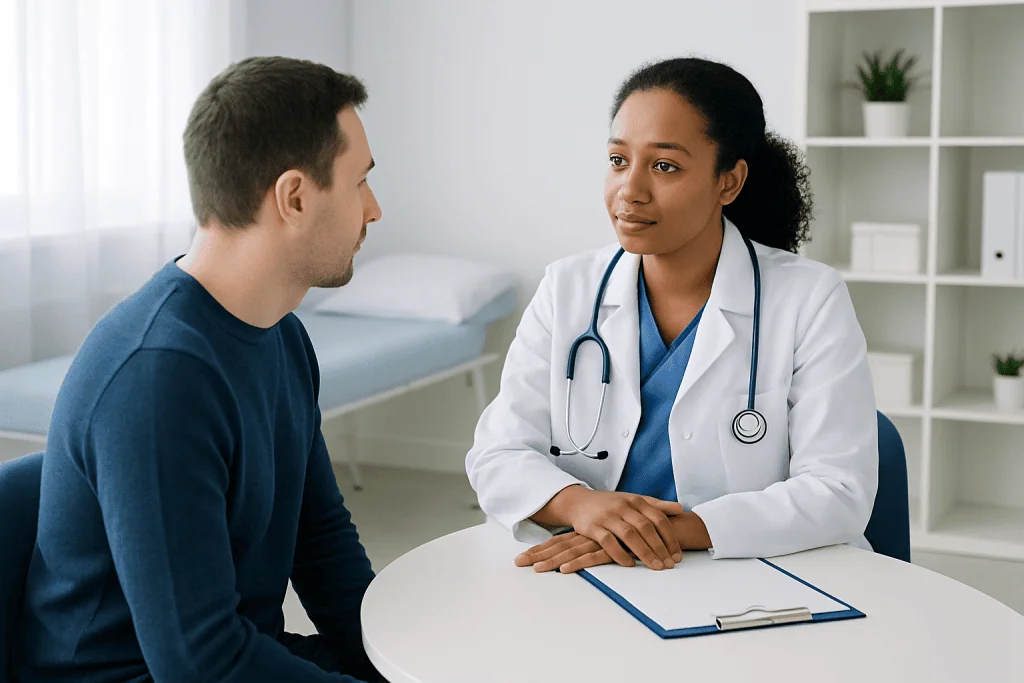 Doctor consulting with a patient in a medical office at Acibadem Hospitals Group.