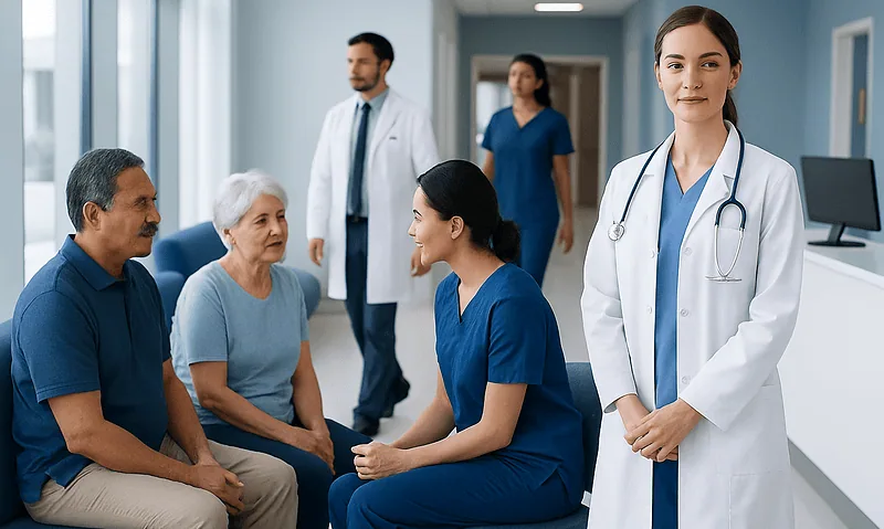 Healthcare professionals consulting with elderly patients in a hospital corridor.