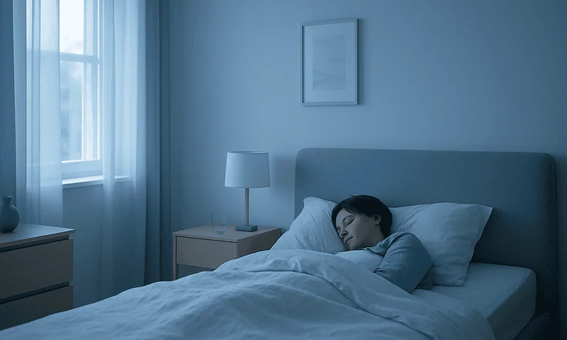Woman sleeping peacefully in a well-lit bedroom with blue walls and minimal decor.