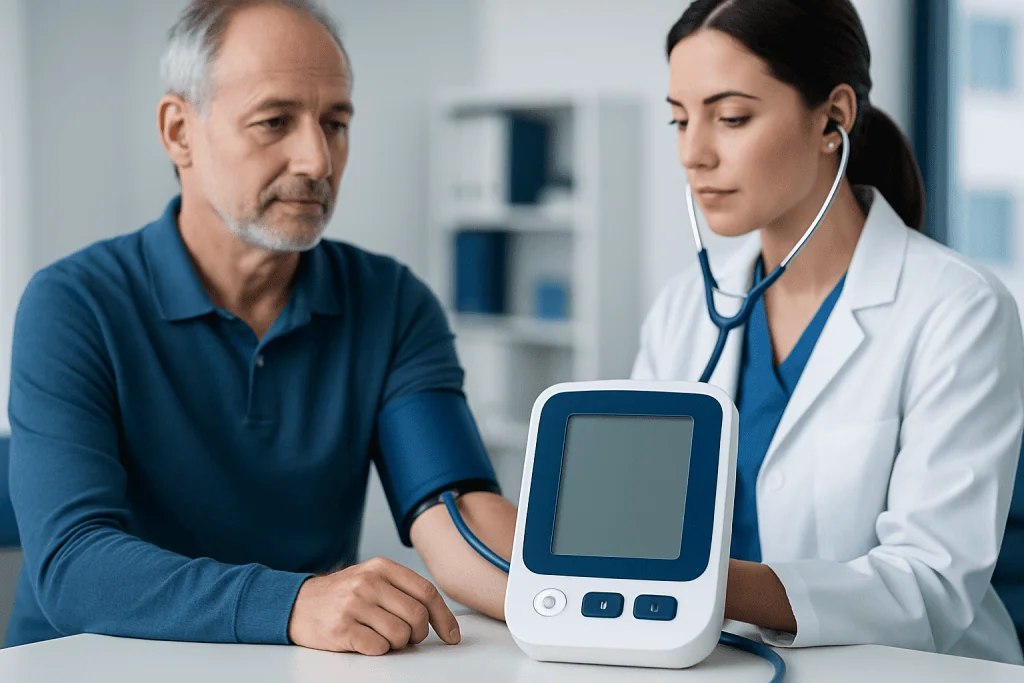 Doctor measuring patient's blood pressure with digital monitor in clinic.
