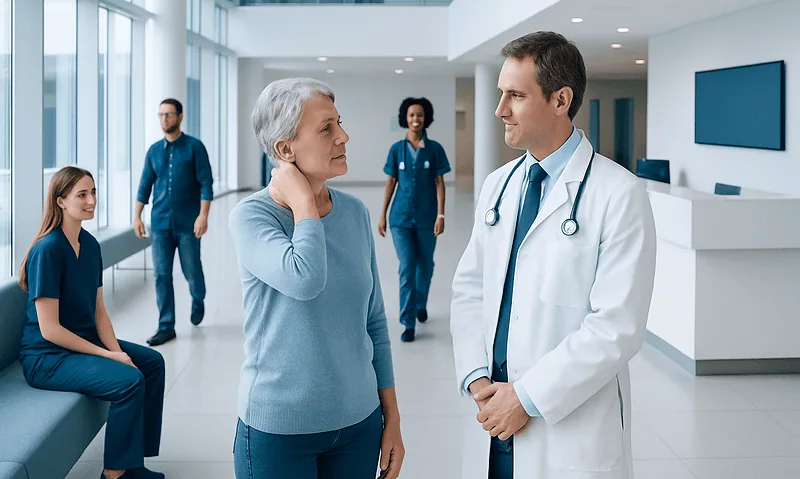 Doctor consulting with an elderly woman in a hospital corridor.