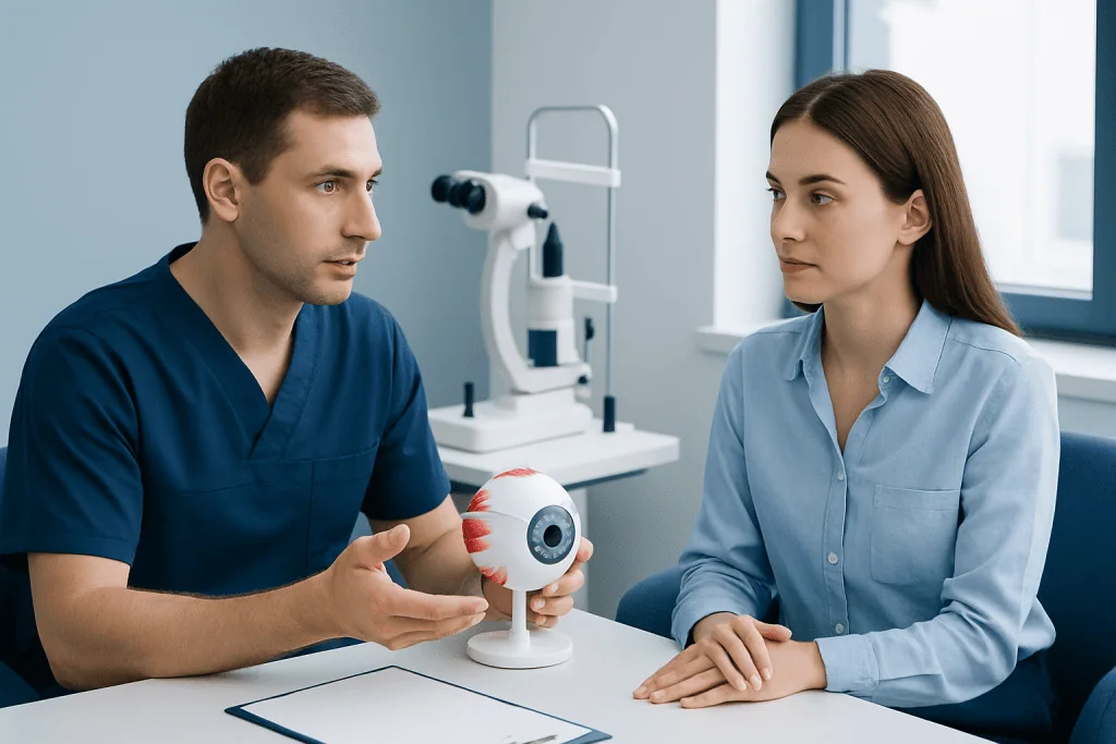Optometrist explains eye model to patient in clinic setting.