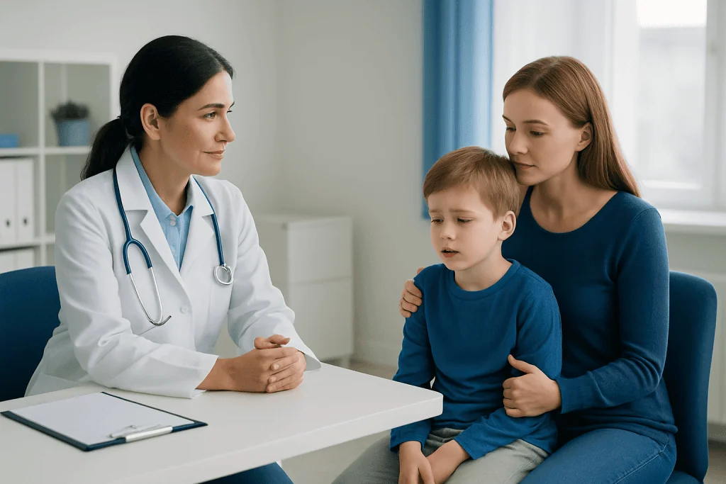Pediatric consultation with doctor and mother in a clinic setting.