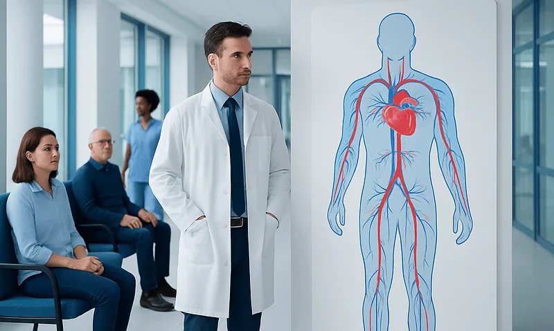 Doctor explaining the circulatory system to patients in a hospital setting.