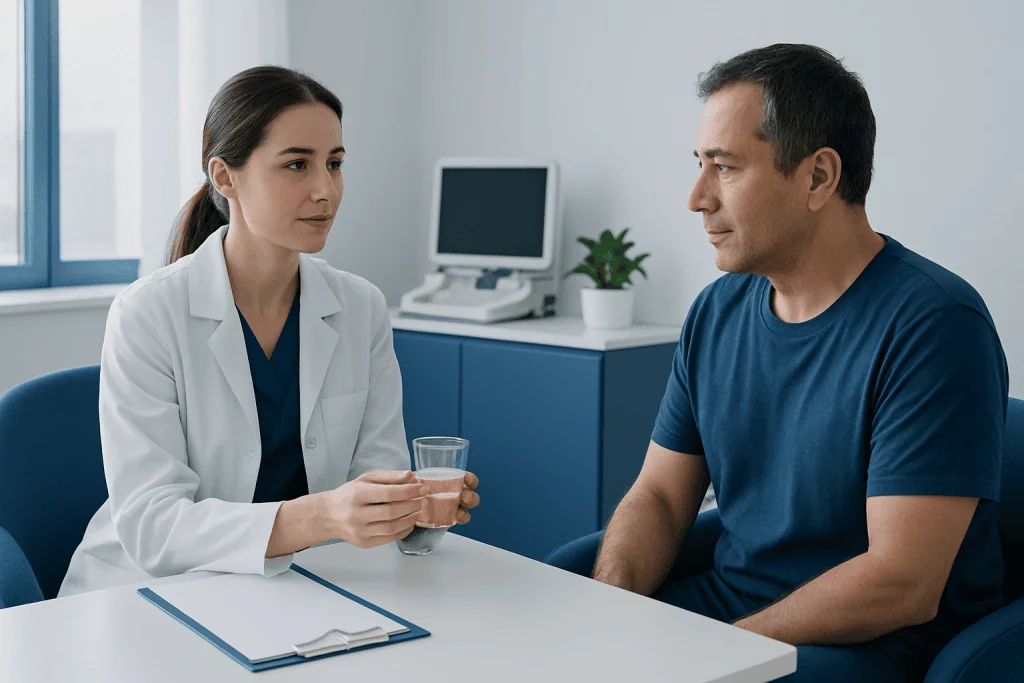 Doctor consulting with patient in a medical office setting.