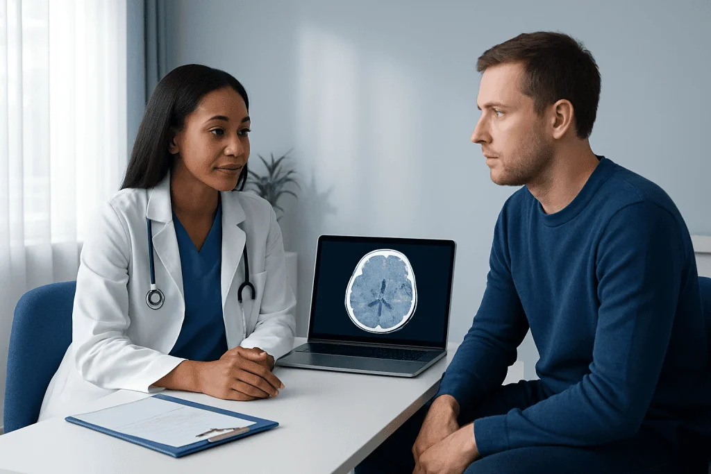 Doctor explaining brain scan to patient during consultation at Acibadem Hospital.