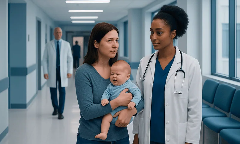 Mother with crying baby talking to a doctor in hospital corridor.