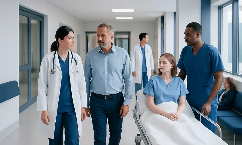 Medical team consulting with patient in hospital corridor.