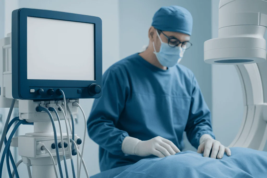 Cardiovascular surgeon performing a procedure in a modern hospital operating room.