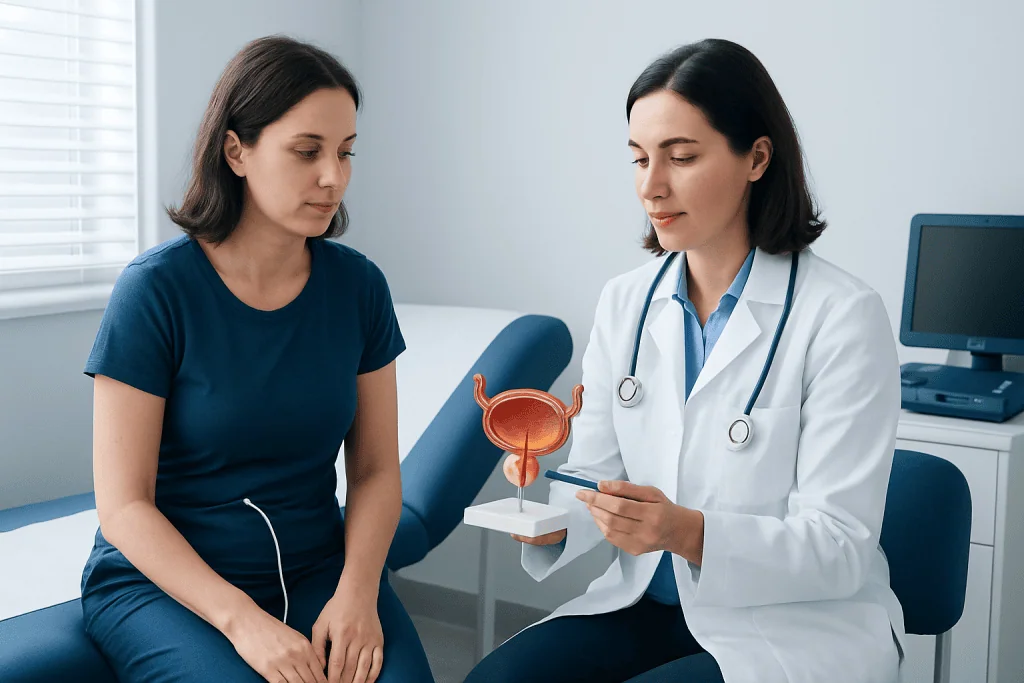 Doctor explaining bladder model to patient during consultation at Acibadem Hospital.