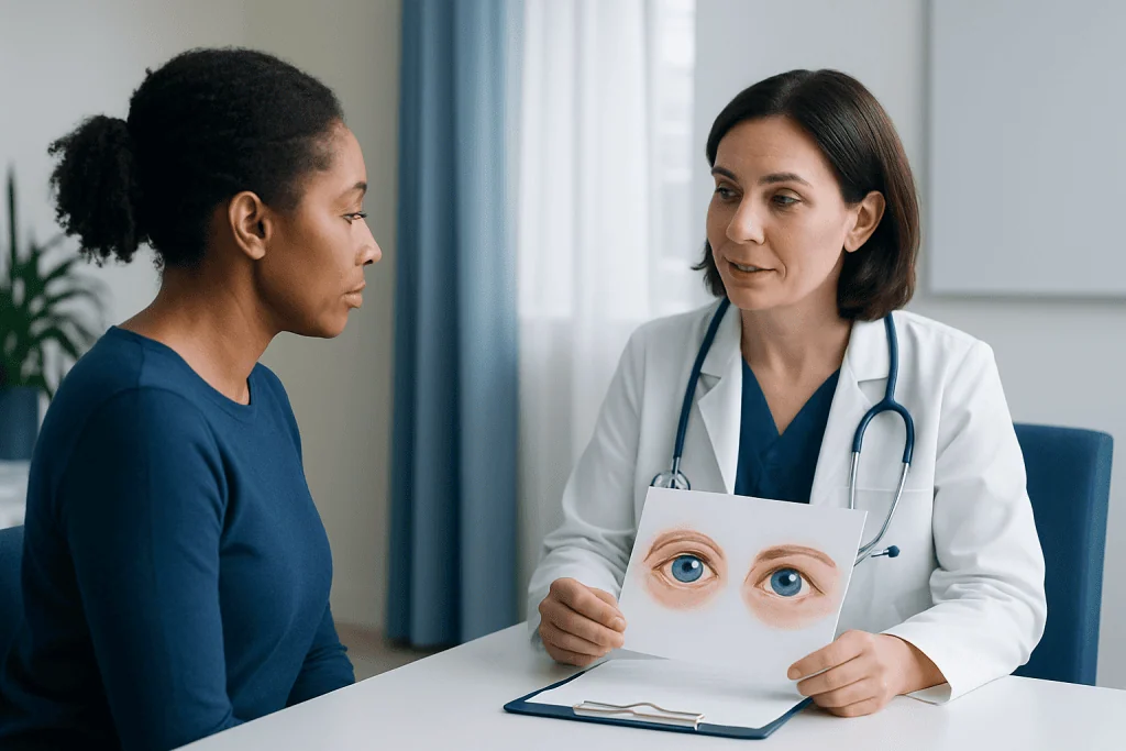 Doctor explaining eye conditions to a patient with eye diagrams.