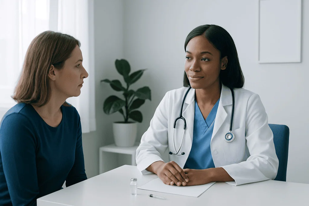 Doctor consulting with patient in a medical office setting.
